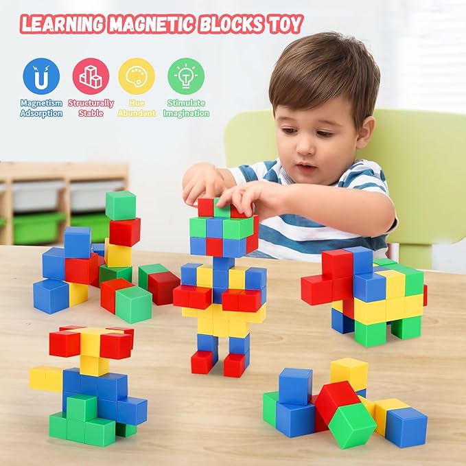 64 PCS Magnetic Blocks for Kids, Learning Magnet Cubes Building Toys for Toddlers, STEM Educational Sensory Montessori Square Toy for Boys and Girls