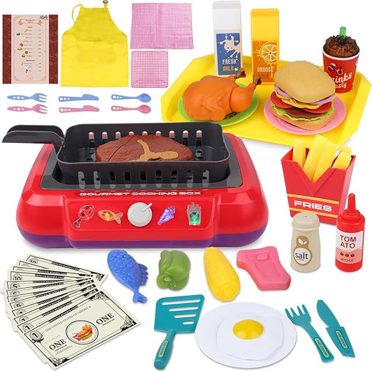 Gifts2U Kids Frying Kit Kitchen Cooking Playset, 48 PCS Toddler Pretend Play Store Toys with Color Changing Play Food, Simulator Kitchen Accessories Set DIY Toy Learning Gift for Girls Boys