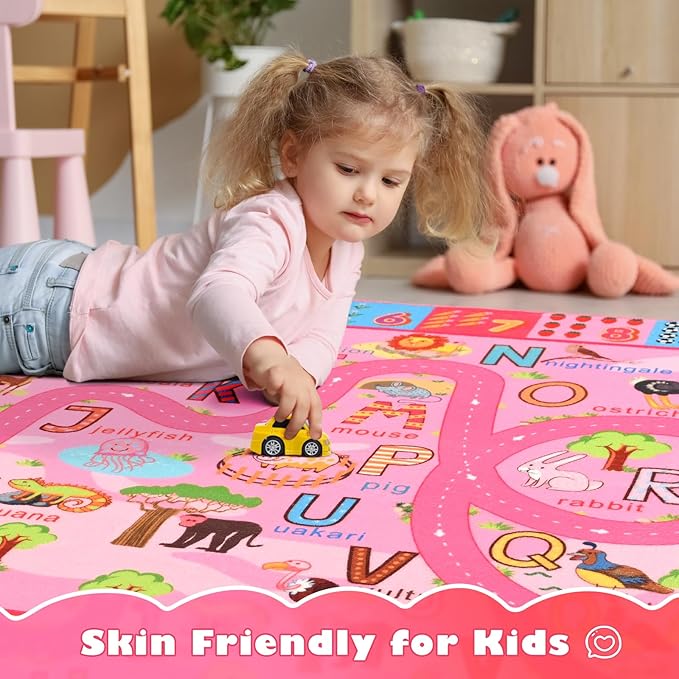 Terrug Kids Rug for Playroom, Educational Classroom Rug for Kids Room, Washable Nursery Rugs Non Slip Playroom Rugs Play Mat for Learning ABC Carpet, Numbers, Animal, Colors, Season, 4X6 Feet, Pink