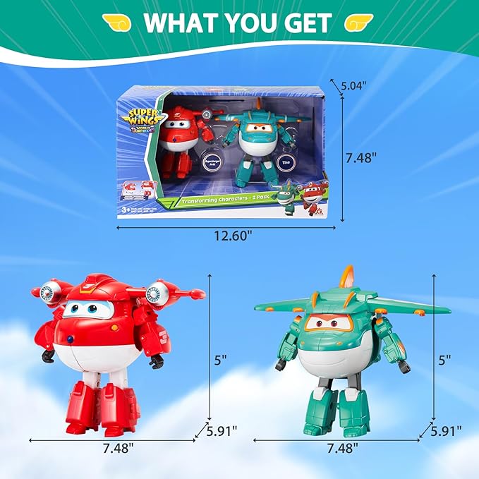 Super Wings Transformable Toys, 5 in Jett and Tino Dinosaur Airplane Transforming Figures Toys Set, 2 in 1 Mode Rescue Bots Toys for 3-5 Year Old Boys Girls, Plane Toys for Toddlers Kids Age 3 4 5 6