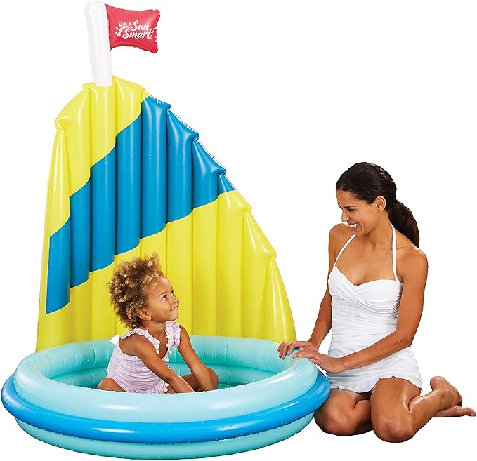 SunSmart Shade N Play Sailboat Kiddie Pool With 360 Rotating Sun Shade Sail, Heavy Duty Double-Ring Mini Inflatable for Kids Splash and Play, Outdoor Water Toy, 40" Small for Toddlers