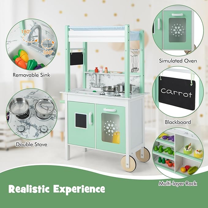 HONEY JOY Kids Kitchen Playset with Lights, Double Side Little Chef Play Kitchen for Toddler & Grocery Store, Cookware, Sink, Storage Cabinet, Wooden Pretend Play Toy Kitchen Cart with Wheels, Green