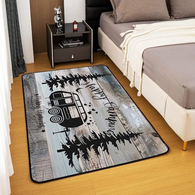 Erosebridal Rustic Farmhouse Style Area Rugs 5x7, Happy Camping Rug for Bedside Camper Carprt for Boys Kids Teens, Black Sketch Drawing Vintage Old Barn Accent Rug
