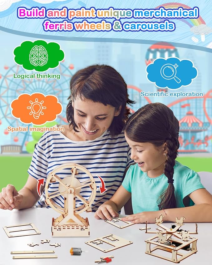 Poraxy 4 in 1 STEM Kits for Kids Ages 5-7 8-10 8-12,3D Wooden Puzzles, Science Project Model Craft Building Engineering Kit,STEM Toys for Ages 8-13,Birthday Gifts for Girls 6 7 8 9 10 11 12 Year Old