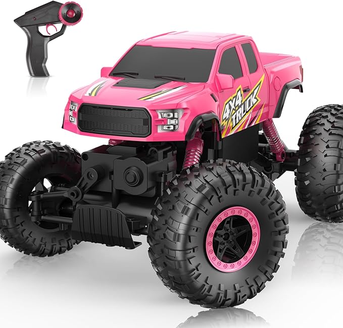 Double E Raptor F150 RC Car 4WD 2 Motors Monster Trucks for Girls, 11 Inches Off Road Crawler Vehicle Truck Toy with Rechargeable Battery Gift for Kids 6 7 8 9 10 11 12 Years-Pink