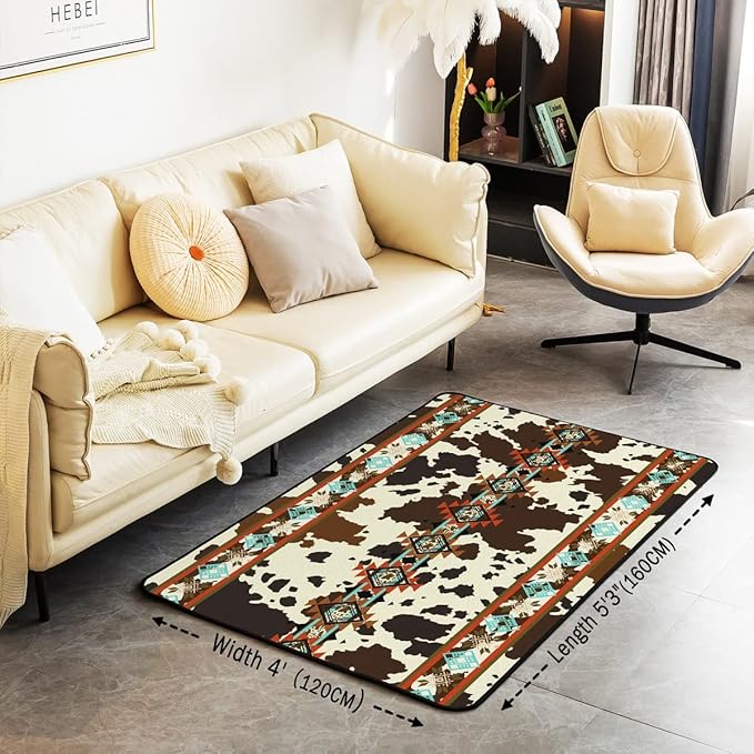 Erosebridal Cowhide Area Rug 4x5, Brown Highland Cow Print Rug, Western Non Slip Exotic Aztec Carpet for Bedside, Farmhouse Wild Animals Longhorn Skin Cowboys for Men