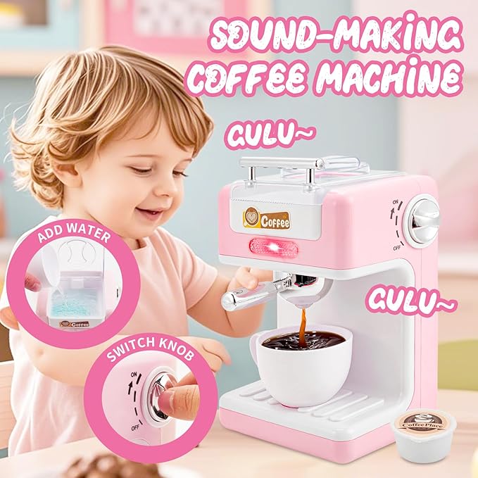 Play Kitchen Toys,Pretend Play Food Kitchen Accessories Girls Toy with Coffee Maker,Mixer,Toaster,Blender with Realistic Lights & Sounds,Birthday Gift for Kids Ages 3+(Pink)