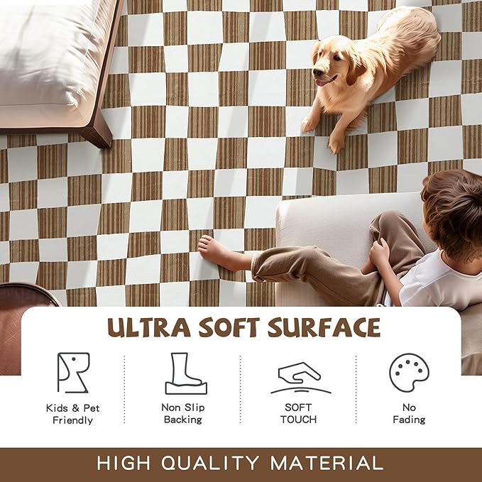 jinchan 2x3 Kids Area Rug Washable Indoor Entryway Doormat Modern Checkered Geometric Lattice Small Rug Non Slip Soft Carpet for Nursery Room Bedroom Bathroom Home Brown