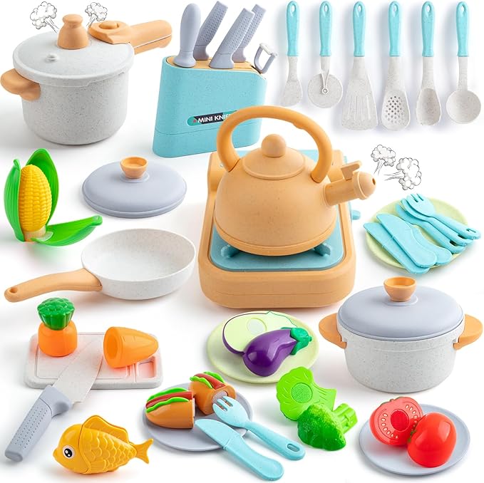 Kids Play Kitchen Accessories, 44PCS Toddler Pretend Play Cooking Playset with Cookware Pots, Pans, Cooking Utensils, Gas Stove with Sound & Light, Cuttable Toy Food Sets, Learning Gift for Girls Boys