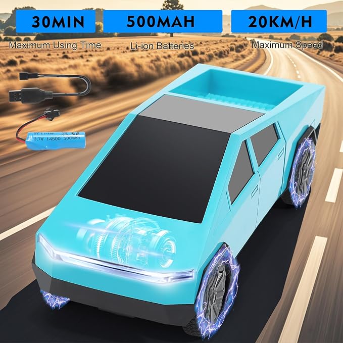 Remote Control Pickup Truck, 1/24 Scale Racing Car Model, Rechargeable Battery & Light and Loadspace, for Adults and Boys (Blue)