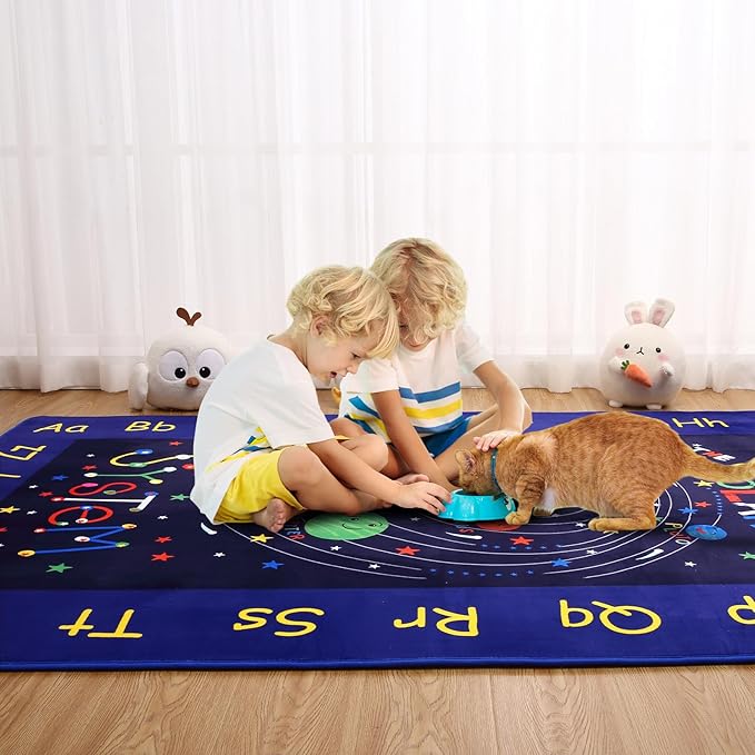 Large Area Rug 8x10 Outer Space Non-Slip Low Pile Solar System for Learning Galaxy Space Themed ABC Alphabet Soft Planet Kids Play for Classroom Bedroom Nursery Playroom Blue