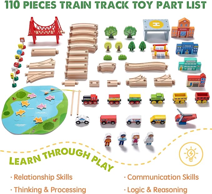 Tiny Land Train Set 110pcs Wooden Train Set, Toy Train Set with Tracks & Accessories, Montessori Toys for Boys & Girls Ages 3-7, Birthday Gift Railway Set for Toddlers & Kids