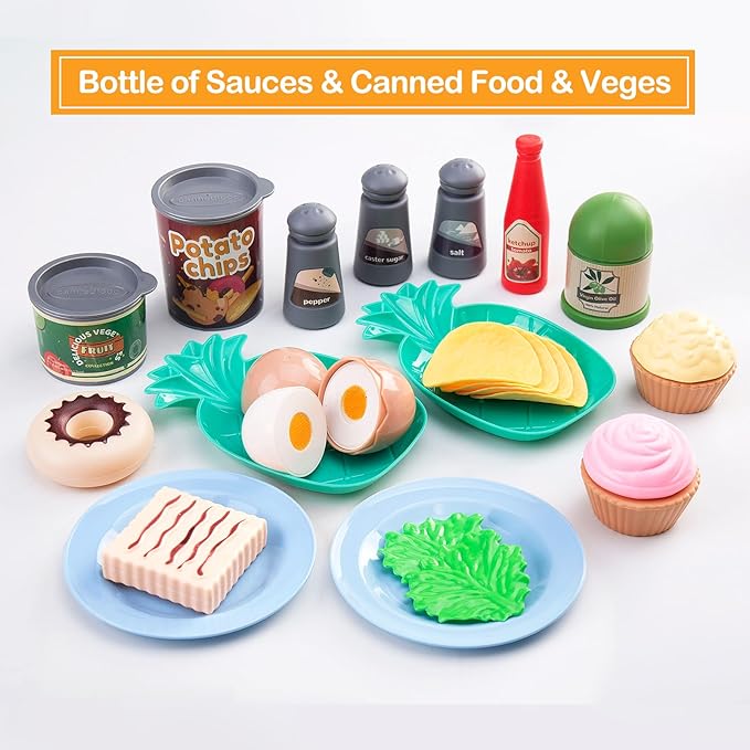 80Pcs Kitchen Playset, Toddler Pretend Cooking with Pots, Pans, Cookware, Food, Picnic Blanket, Fruits, Veges, Shopping Storage Basket, Dessert , Learning Gift for Girls Boys (Blue)