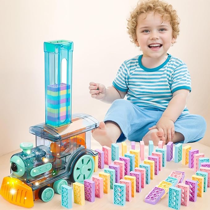 Domino Spray Train Toy Kids Games Upgrade 80Pcs with Arch Bridges Automatic Dominoes Building Set Rally STEM Montessori Stacking Toys for 3+ Year Old Toys Gifts for Birthday Christmas Halloween