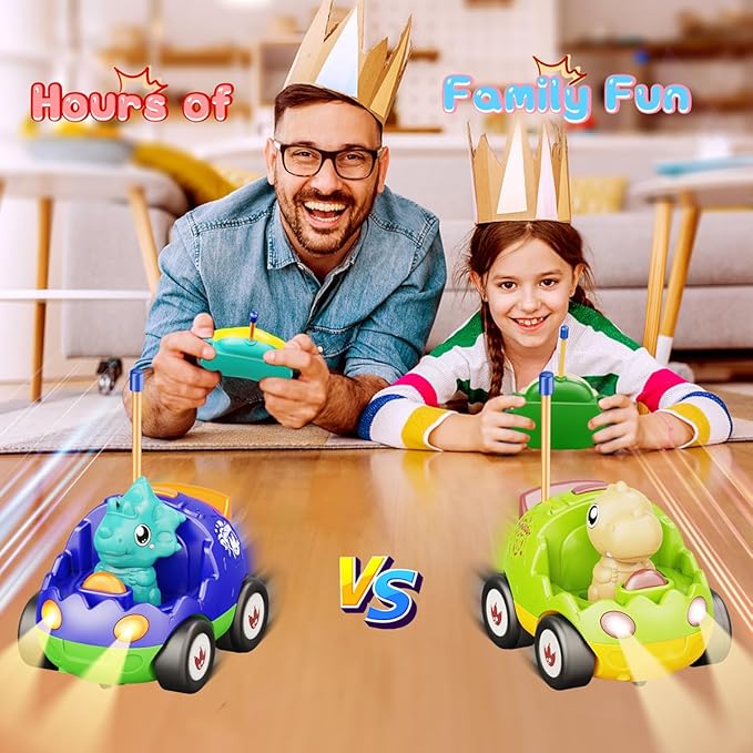 2 Pack Dinosaur Toys Remote Control Cars for Toddlers Ages 2 3 4 5 6, Christmas Birthday Gifts for 2-5 Year Old Boys, Dinosaur RC Car Toys with Music and Lights (Green Blue)