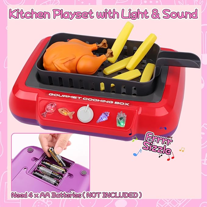 Gifts2U Kids Frying Kit Kitchen Cooking Playset, 48 PCS Toddler Pretend Play Store Toys with Color Changing Play Food, Simulator Kitchen Accessories Set DIY Toy Learning Gift for Girls Boys