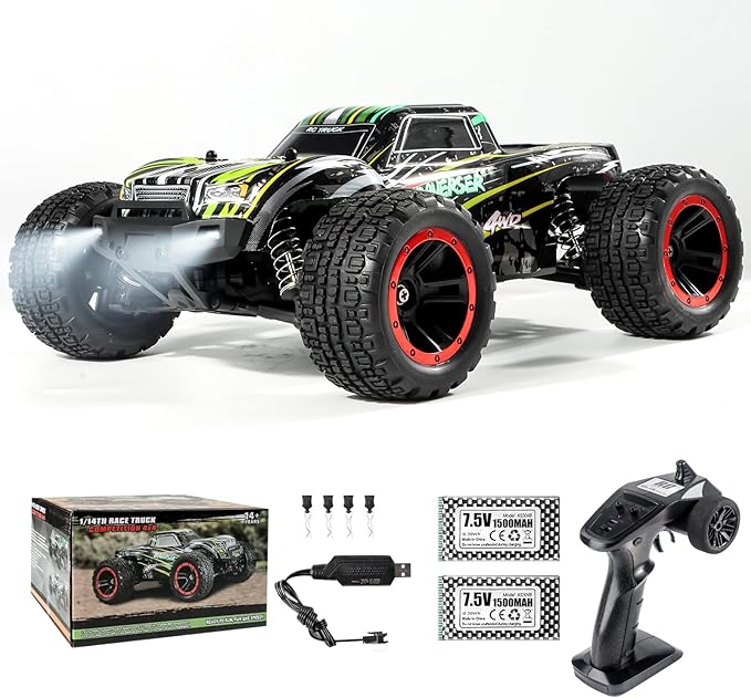 Double Delight Remote Control Car, 1:14 Scale RC Truck 38+ KM/H Speed, 2.4G All-Terrain Off-Road Truck Toy Gifts for Boys and Adults with 2 Rechargeable Batteries Provide 40+ Min Playtime (Green)