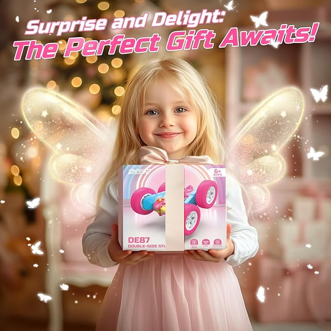 DEERC Rainbow Remote Control Car for Girls, Pink RC Cars Toy with LED Lights, 2.4 GHZ Double Sided RC Stunt Drift Car 360°Rotating, All Terrain RC Crawler Gift for Kids, 40+ Mins Running Time