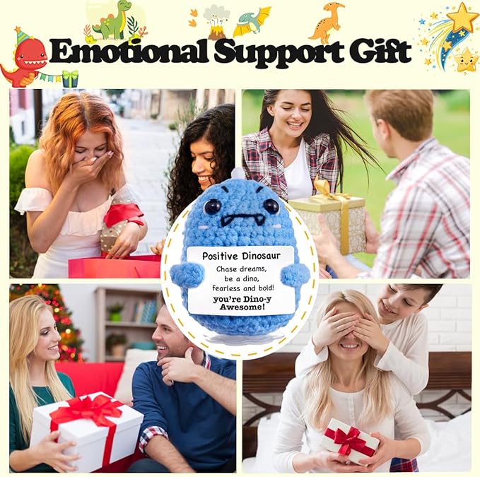 Funny Easter Basket Stuffers Positive Crochet Animals Dinosaur, Stress Relief Gifts for College Student Graduation Boyfriend Husband Women Birthday Desk Decor (Light Blue Dinosaur)