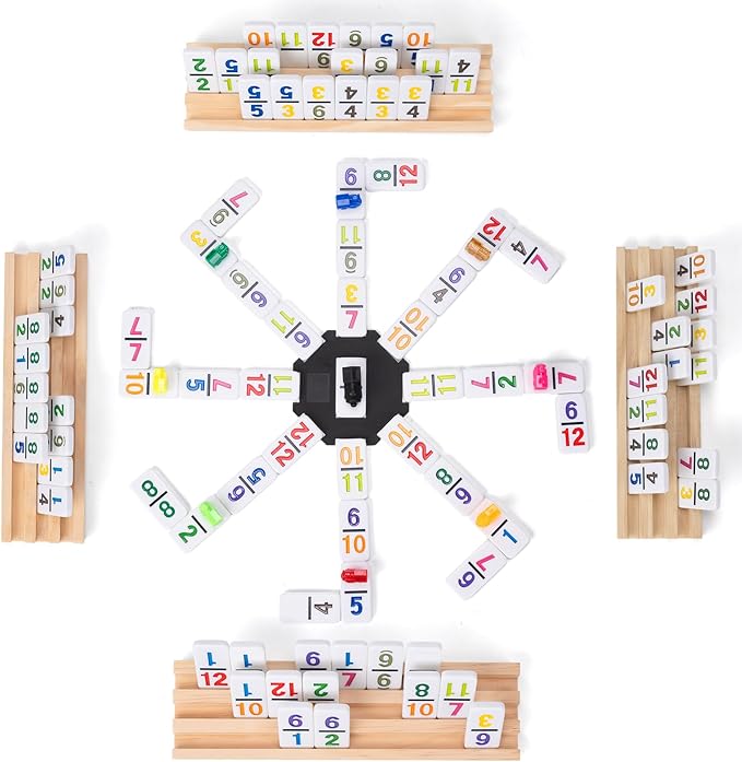 Mexican Train Dominoes Set with 4 Wooden Racks & Portable Case | Double 12 Dominoes Game (91 Numbered Tiles) | Family Board Games for Adults & Kids | Valentine's Day, for All Ages