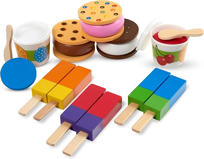 Melissa & Doug Wooden Frozen Treats Ice Cream Play Set (24 pcs) - Play Food and Accessories Food Toys for Toddlers and Kids 3+