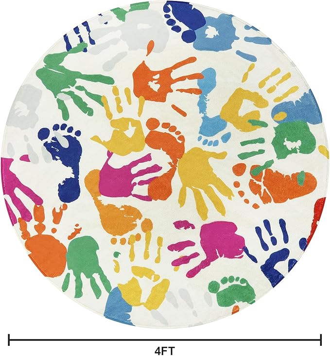STARUIA Colorful Round Rug for Kids Bedroom, 4'x4' Handprints and Footprints Circle Rug for Playroom, Rainbow Washable Rug for Nursery, Small Circular Carpet for Classroom Dorm Daycare