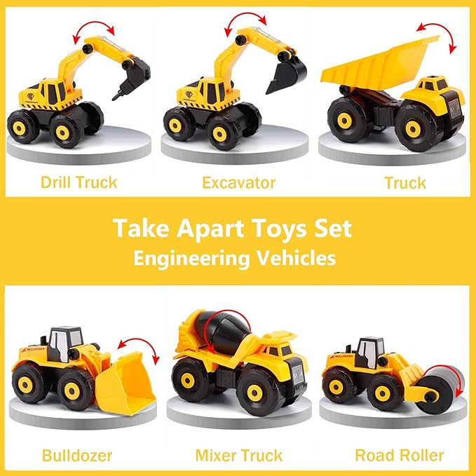 TEUVO Construction Take Apart Toys with Electric Drill, Building Excavator Toy STEM Trucks Vehicle Construction Vehicles for Kids, Educational Learning Gifts for Ages 3+ Boys & Girls
