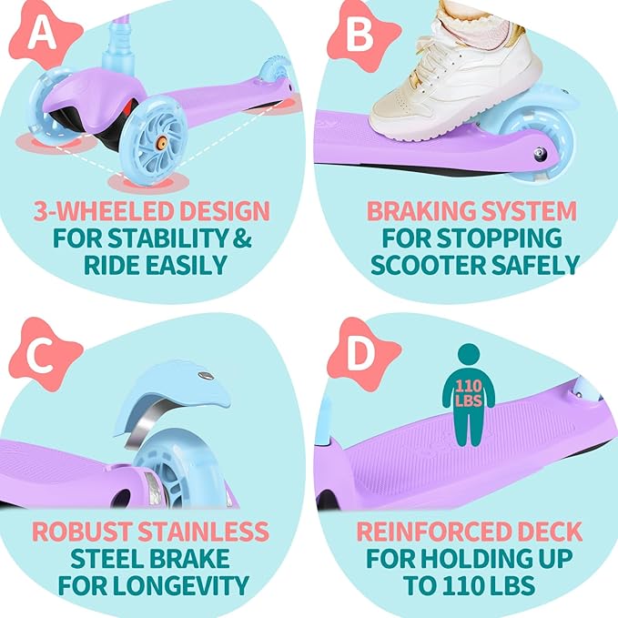BELEEV A1 Scooter for Kids Ages 2-6, 3 Wheel Kick Scooter for Toddlers Girls Boys, Light up Wheels, Adjustable Height, Lean to Steer, Non-Slip Deck, Lightweight Push Scooter for Children