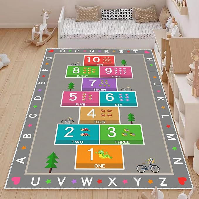 Hopscotch Play Rug Carpet for Kids, ABC Alphabet Number Educational Rug, Children's Counting Game Mat for Playroom, Classroom, Bedroom and Nursery (Grey, 47x71 in)