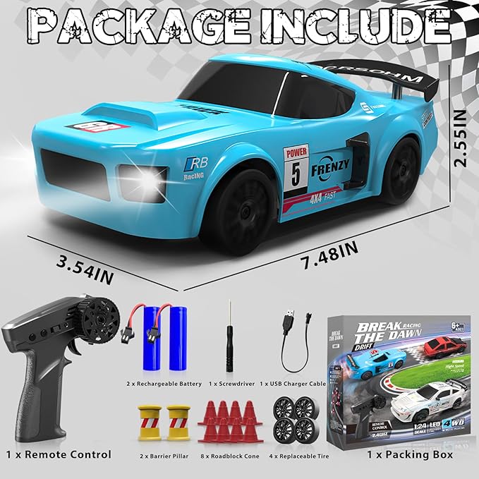 RC Drift Car, 1/24 Remote Control Car, 2.4Ghz 17KM/H High Speed RC Cars with LED Lights, Extra Tires, 2 Rechargeable Batteries, 4WD Racing Car Toys Christmas Birthday Gift for Kids Boys Girls Adults