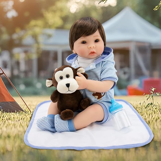 Aori Lifelike Reborn Baby Dolls Blue Bassinet 18 inch Realistic Newborn Boy Doll with Weighted Soft Body with 8 Piece Monkey Toy Carrier Bed Set