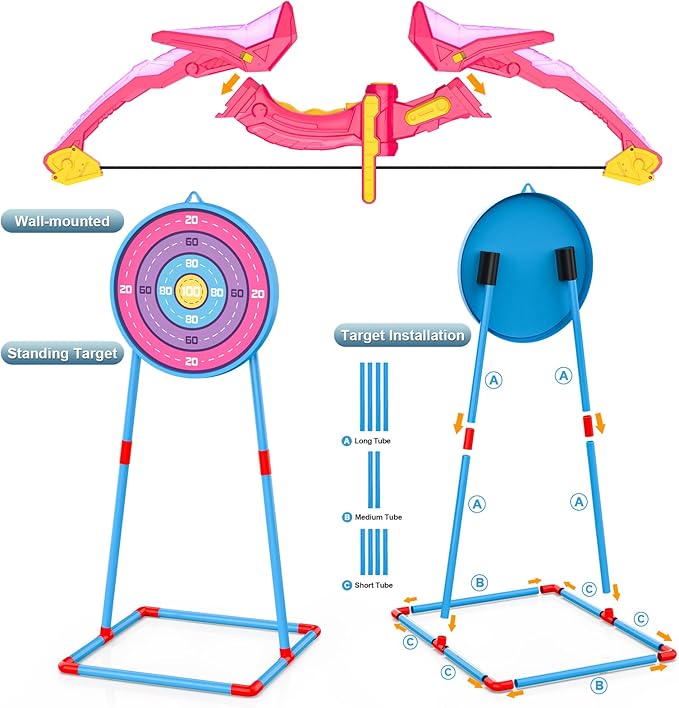 2 Pack Kids Bow and Arrow Set, Pink Light Up Archery Toy Set, 2 Foam Dart Guns & 6 Target Cans Toys for Ages 5-7, Kids Indoor Outdoor Birthday Gifts Ideas for Boys Girls 4 5 6 7 8 9 10 Year Old