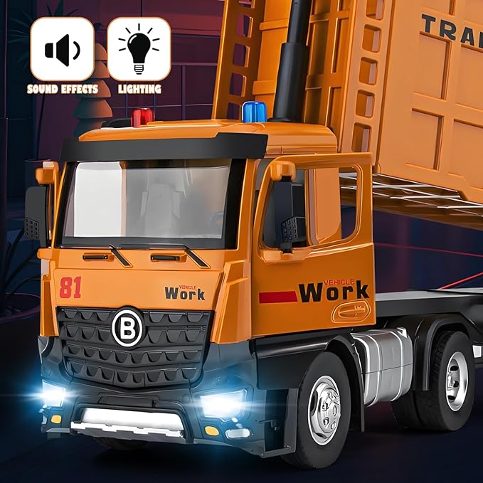 Dump Truck Toy for 3 4 5 6 7 Years Old Boys, Large Semi Truck with Metal Cab, Lights and Sounds, Friction Powered Tractor Trailer Car, Kids Birthday Gifts for Over 3 Years Old Boys Kids 16.5"