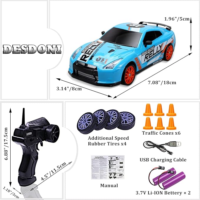 RC Drift Car Remote Control Car 2.4GHz 1:24 Scale 4WD 15KM/H High Speed Model Vehicle LED Lights Drifting Tire Racing Sport Toy for Adult Boys Girls Kids Gift 2Pcs Rechargeable Batterie