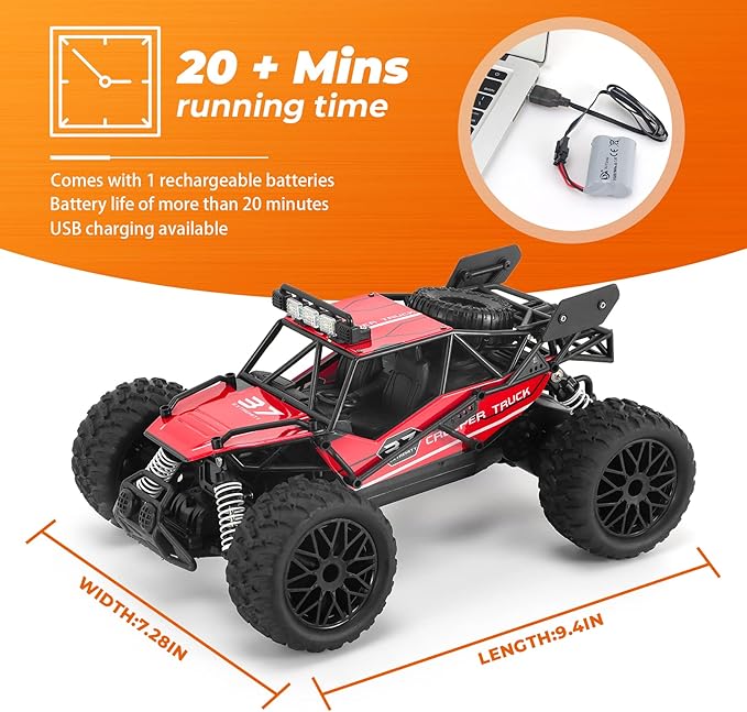RC Cars 1:14 Scale Remote Control Car, High-Speed 25Km/h All-Terrain Electric Toys, 2WD Off-road Vehicles, With Two Rechargeable Batteries, Suitable For Boys and Girls Children Adult Use（Red）