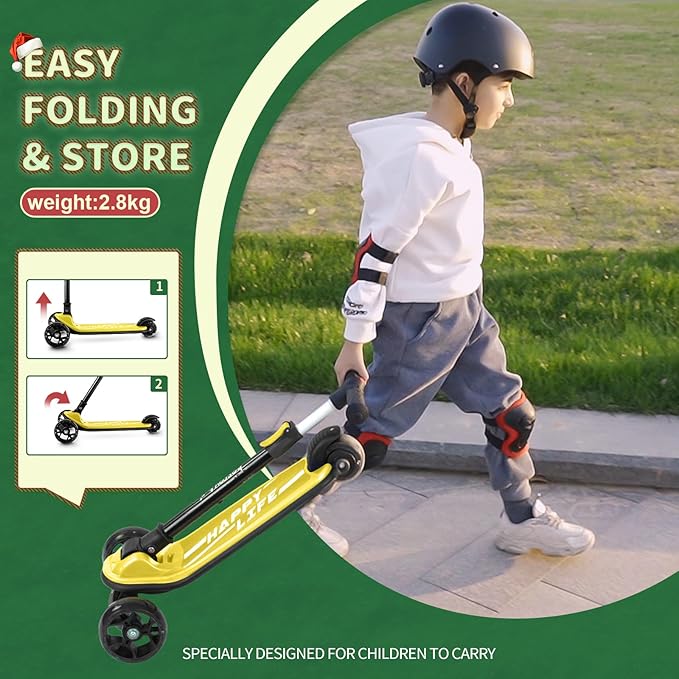 Besrey Kick Scooter for Kids Ages 3-10, 3-Wheel Folding Scooter with Adjustable Height, LED Light Wheels, Extra Wide Deck for Outdoor Activities
