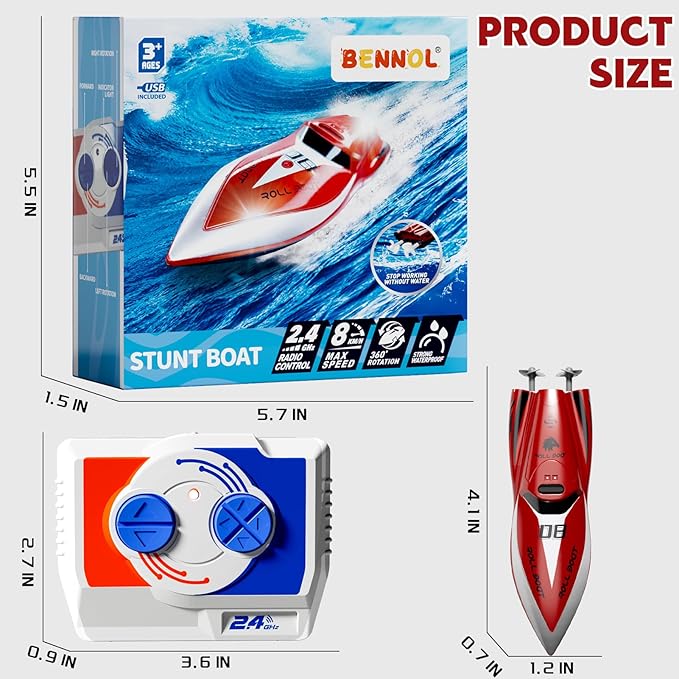 Remote Control Boat, 2.4Ghz Toy RC Boat with 360 Rotating for Lakes Swimming Pool Bath Toys, Mini Remote Control Stunt Boats Summer Outdoor Toys for Kids Boys Girls 8-12 Years Birthday Gift