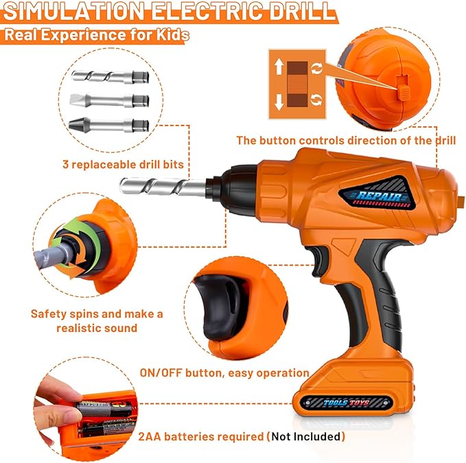Kids Tool Set,MAGIC4U 50PCS Toddler Tool Set with Electronic Toy Drill,Tape Measure 12 Tool Equipements,Pretend Play Construction Coustume with Safety Vest Hat,Toy Tool Box for Kids Boy Girl Age 3-8