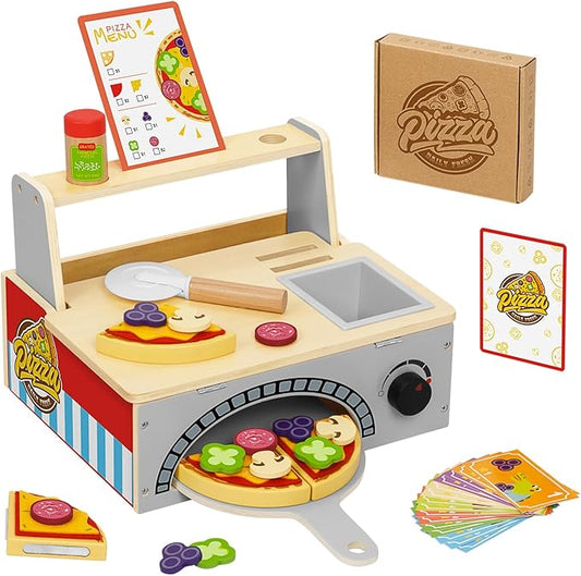 Wooden Pizza Toy Kids Pizza Counter Playset, Montessori Pretend Play Kitchen Accessories with Toy Food, Bake Oven, Role Play Set for 3 4 5 6 Year Old Boys Girls