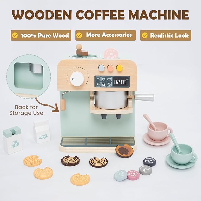 Kids Coffee Maker Playset, 23PCS Wooden Kitchen Toys, Play Kitchen Accessories for Toddler, Espresso Machine Playset, Gift for Boys and Girls 3 4 5 Years