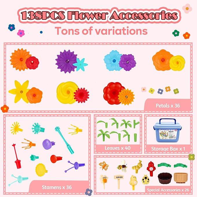 FUNZBO 138pcs Flower Garden Building Set - Easter Spring Toys for 3 4 5 6 7 Years Old Girl, Sorting & Stacking Building Block, STEM Montessori Educational Toy for Kid Toddler Birthday Gift