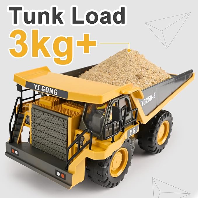 Remote Control Dump Truck Toys 9 Channel 2 Batteries RC Construction Toy Vehicles with Metal Bed Lights/Sounds, Birthday Gifts for Boys Age 3+