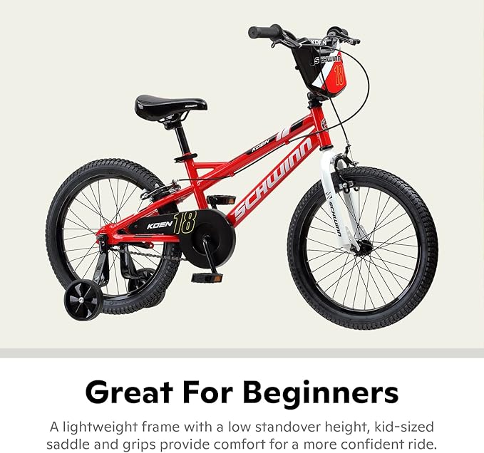 Schwinn Koen BMX Style Toddler and Kids Bike, For Girls and Boys, 18-Inch Wheels, With Training Wheels, Chain Guard, and Number Plate, Recommended Height 42-52 Inch, Red