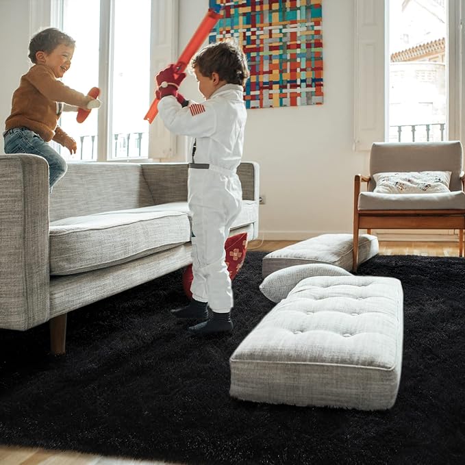 Amearea Shag Fluffy Area Rug for Bedroom Girls Living Room, Extra Soft and Fuzzy Shaggy Rugs, Non Slip, Solid Color Carpet Mat for Boys Nursery Home, Black 6x9 Feet