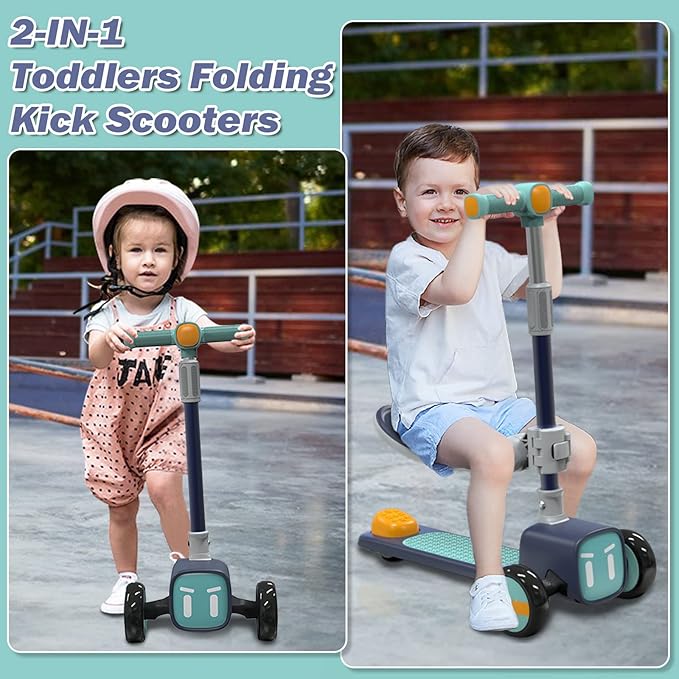 Unbreakable & Never Fall Down 2-in-1 Scooters Kids 3 Wheel Kick Scooter for Boys Girls Ages 3-8, Adjustable Height & Seat, Widened Non-Slip Deck, More Safer for Beginner Toddlers