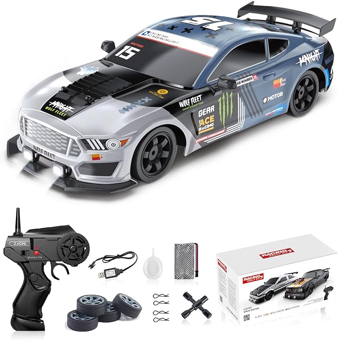 YUZ Remote Control Car RC Drift Car 1:16 Scale 4WD 18KM/H High Speed 2.4GHz 4 Model Vehicle with LED Lights Spray Racing Sport Toy Car for Adults Boys Girls Kids Gift Rechargeable Batteries, Gray