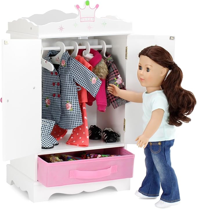 Emily Rose 18-inch Doll Large Wooden Storage Closet Armoire Wardrobe, Includes 5 Clothing Hangers! | Bedroom Furniture Fits American Girl Doll Clothes and Accessories | Gift for Girls 5+