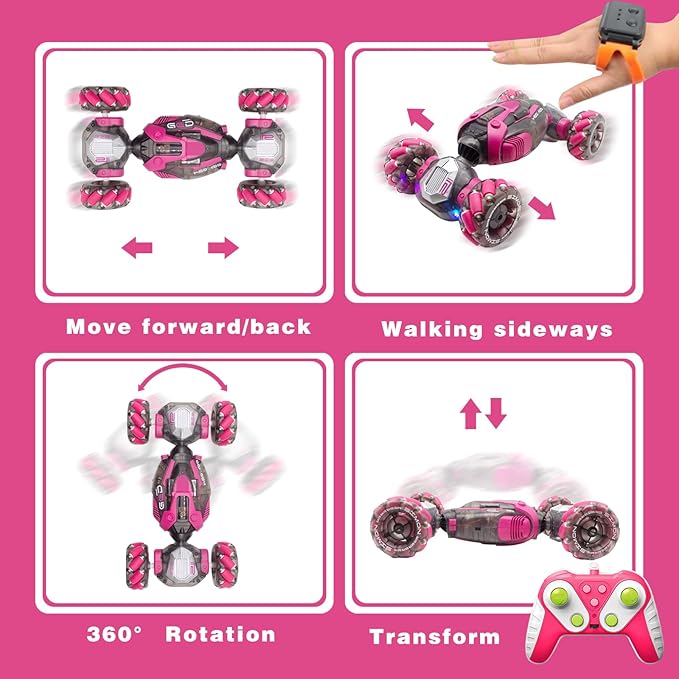 Remote Control Twist Car Gesture Sensing RC Stunt Cars 360°Rotation 4WD Toys Car for Kids Age 7-14 Year Old Transform Car with Lights Music for Boys Girls Birthday Xmas Gifts (Pink)
