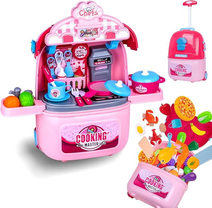 Awsoo Play Kitchen Set for Toddlers 3-5, Portable Play Kitchen with with Rolling Suitcase to Storage Plenty Toys Food, Interactive Pretend Play Toy Kitchen for Kids 3 4 5 6