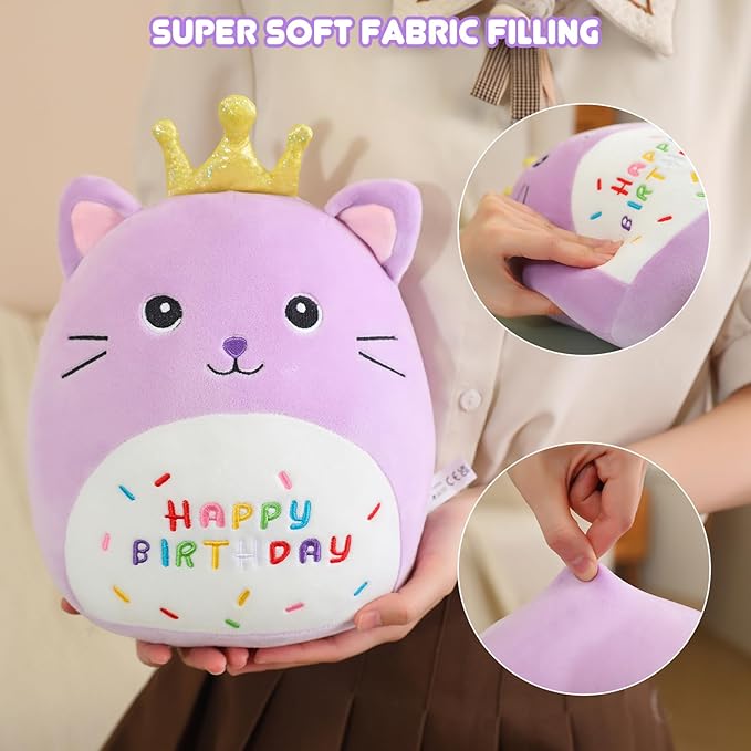 SQEQE Cat Stuffed Animal Kawaii Cat Plushie with Golden Crown Soft Kitty Stuffed Toy Birthday Party Decoration Gift for Kids Girls Boys(Purple Caticorn,10 Inch)